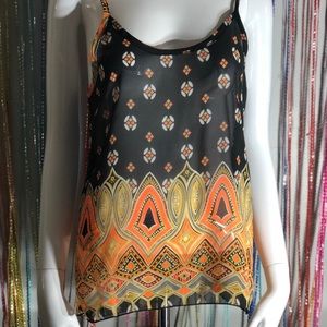 Boho Aztec Shirt Womens Small Black Orange White Designer Spaghetti Straps top